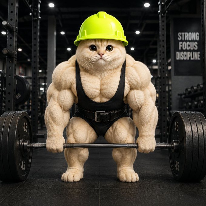 Muscular RobinhoodCat deadlifting in a neon green hard hat